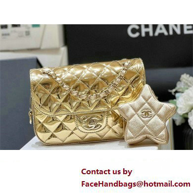 chanel Metallic Mirror Calfskin, Metallic Lambskin & Gold-Tone Metal Mini Flap Bag & Star Coin Purse AS4646 gold 2024(original quality)